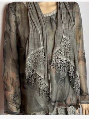 Flora Ashley chiffon fully lined blouse with sheer sleeves and bobbin lace scarf